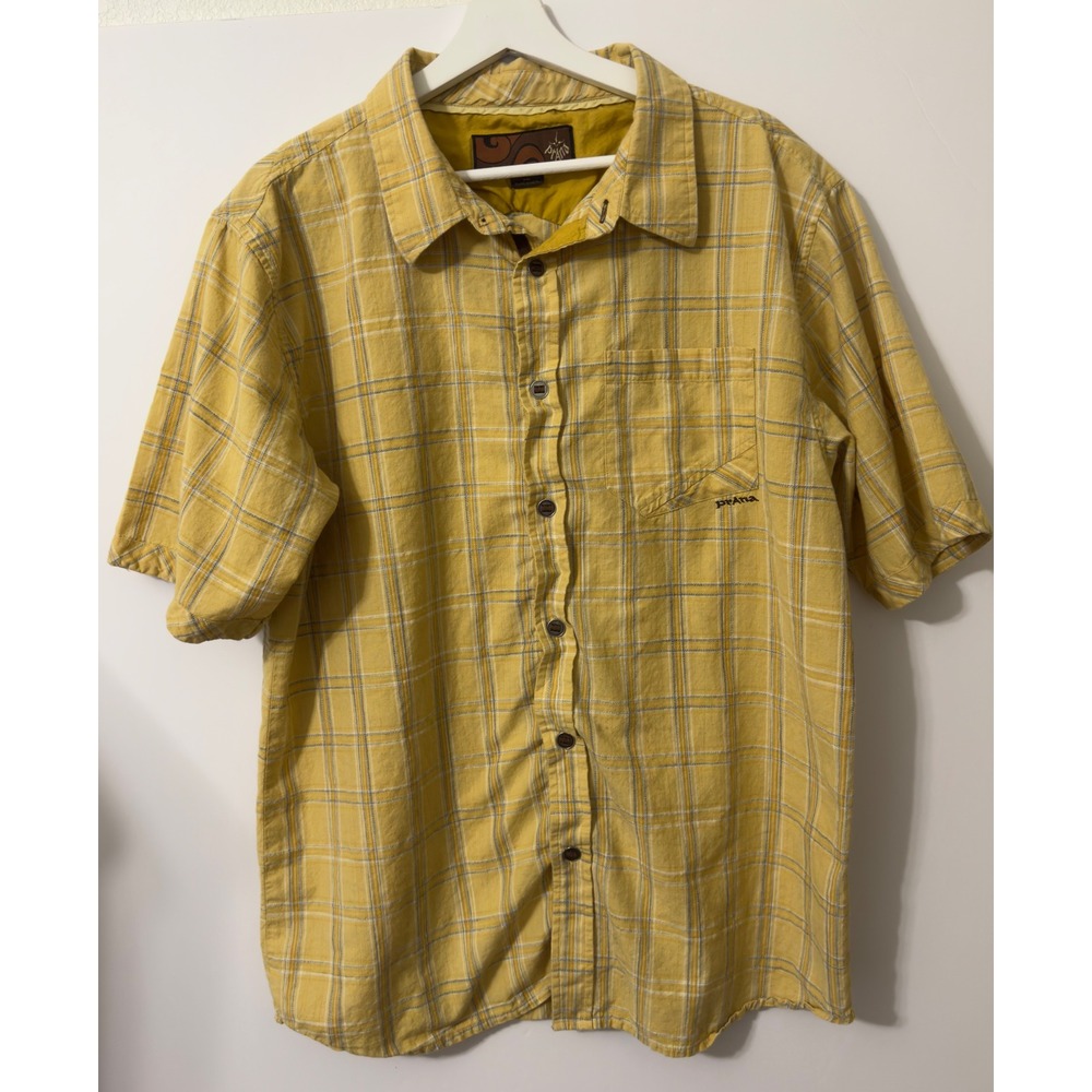 Prana Breathe Plaid Button Down Shirt Mens XL Yellow Excellent Short Sleeve